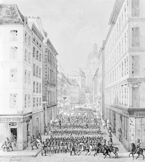 Troops massing to destroy the barricades on rue Sainte-Catherine