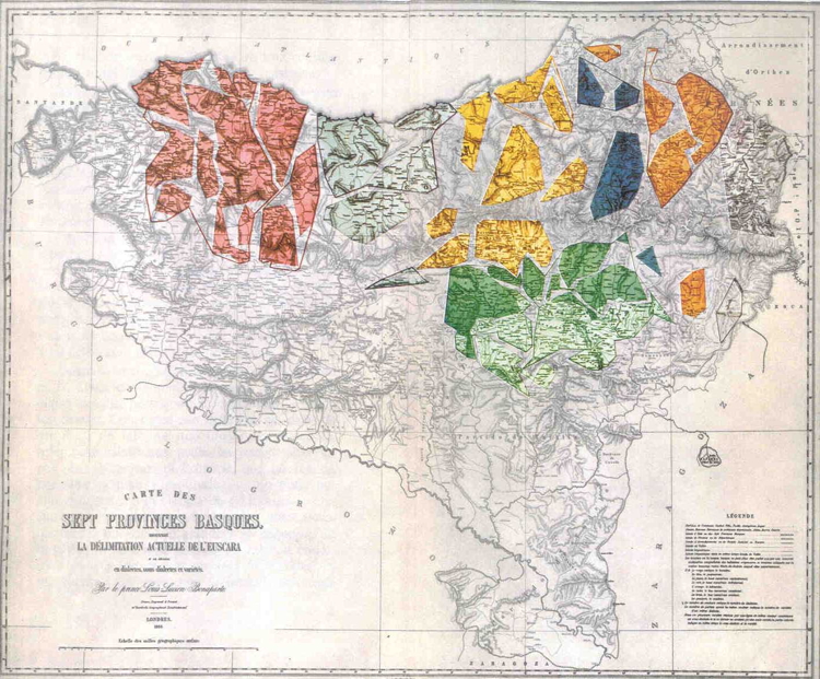 Bayonne is considered to be the cultural and economic centre of the French “Basque country”. This map of Basque dialects was drawn up Napoléon III’s son Louis Lucien in 1868. The orange, blue and some of the yellow regions are in “France”.