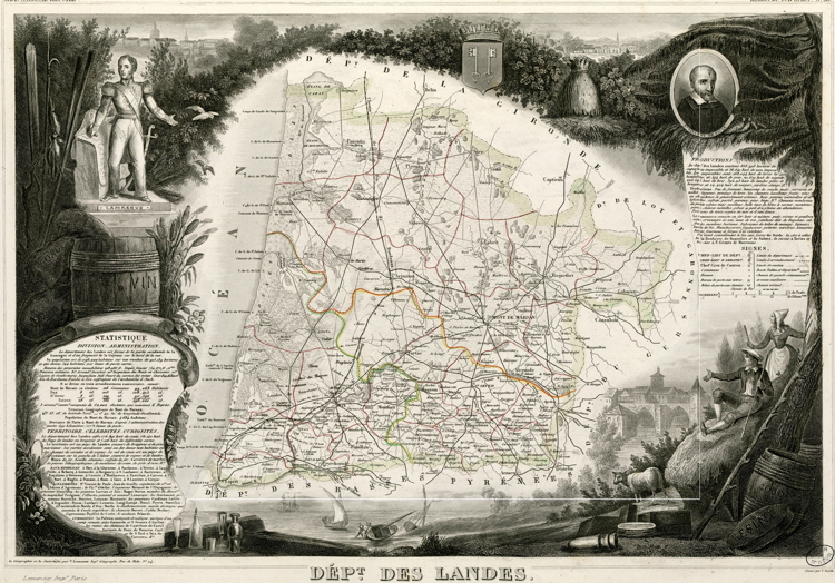 Map of the Département of Les Landes. To the south are the Pyrénées mountains and the Spanish border. To the north is Bordeaux and the Gironde.