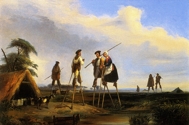 Painting of Landais farmers on stilts. They wore stilts so they could walk quickly over the heath land and so they would not sink into the marshy ground.