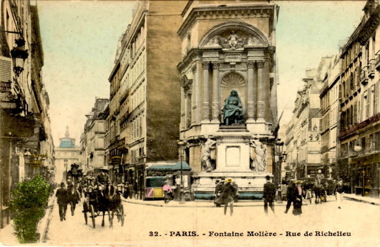 Guillaumin office and the Molière Fountain, rue Richelieu. The Guillaumin office was down the left street. The Molière statue and fountain was built in 1845 just when Bastiat was visiting Paris. Molière was one of Bastiat’s favourite authors and he quoted him frequently in his writing. 