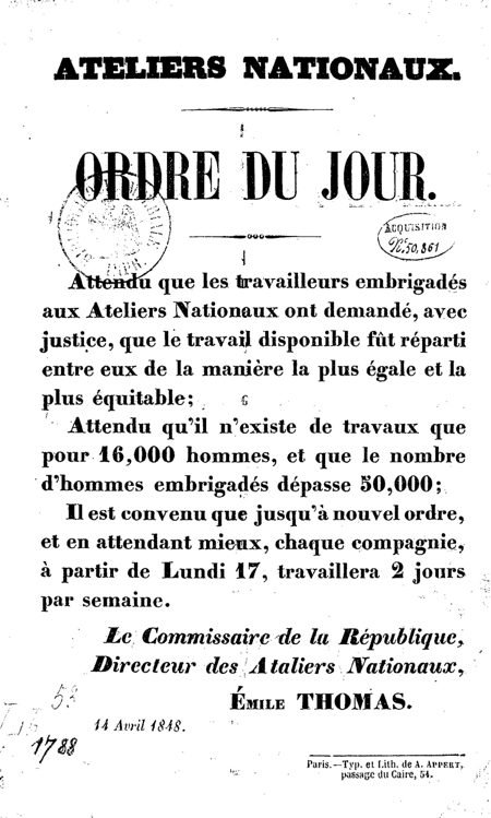 Decree issued by Émile Thomas of the National Workshops, 14 April, 1848