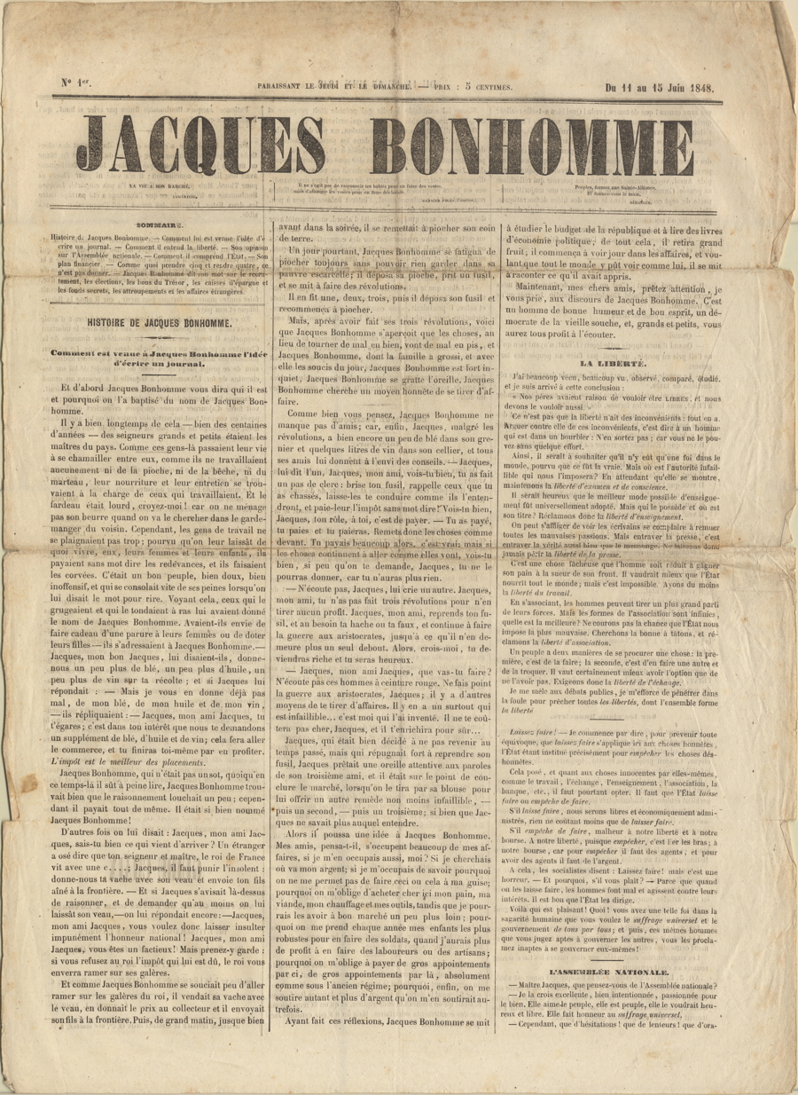 The first page of the 1st issue of Jacques Bonhomme (11-15 June, 1848)