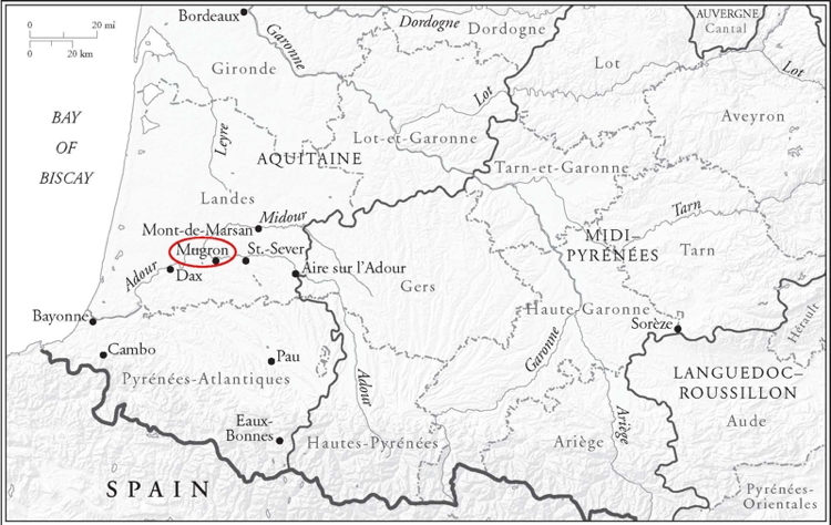 Map of SW France showing Mugron